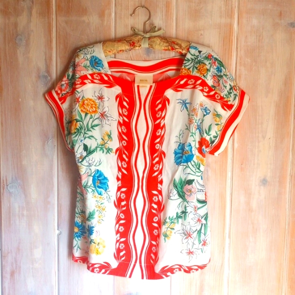 Anthropologie Floral Scarf Blouse small - Maeve square neck short sleeve boho